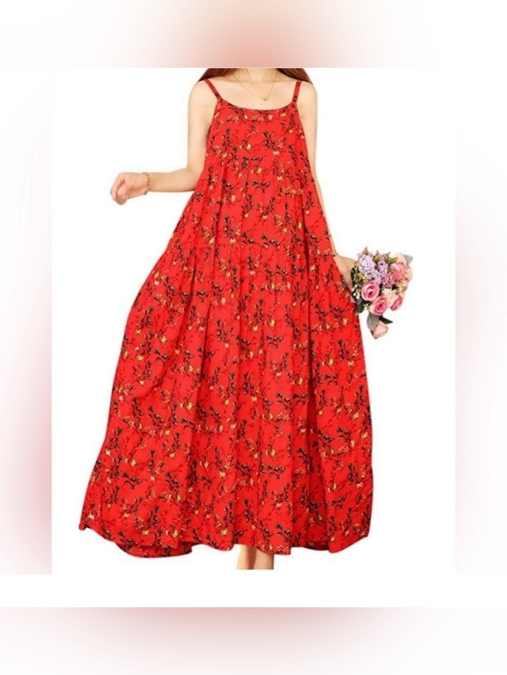Red Floral Maxi Dress with Spaghetti Straps